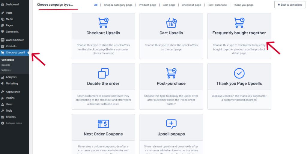 Cross-selling Campaign Types in Checkout Upsell Plugin