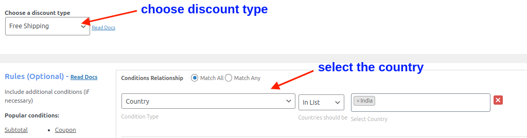 Offering free shipping to specific country