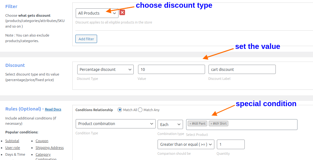 Product combination conditional discount