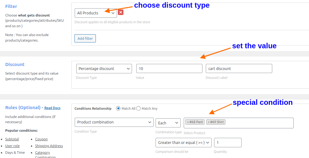 Creating a conditional discount based on product combinations