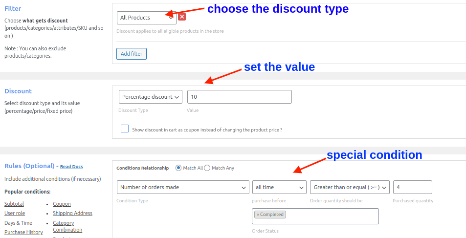 Purchase history based conditional discount