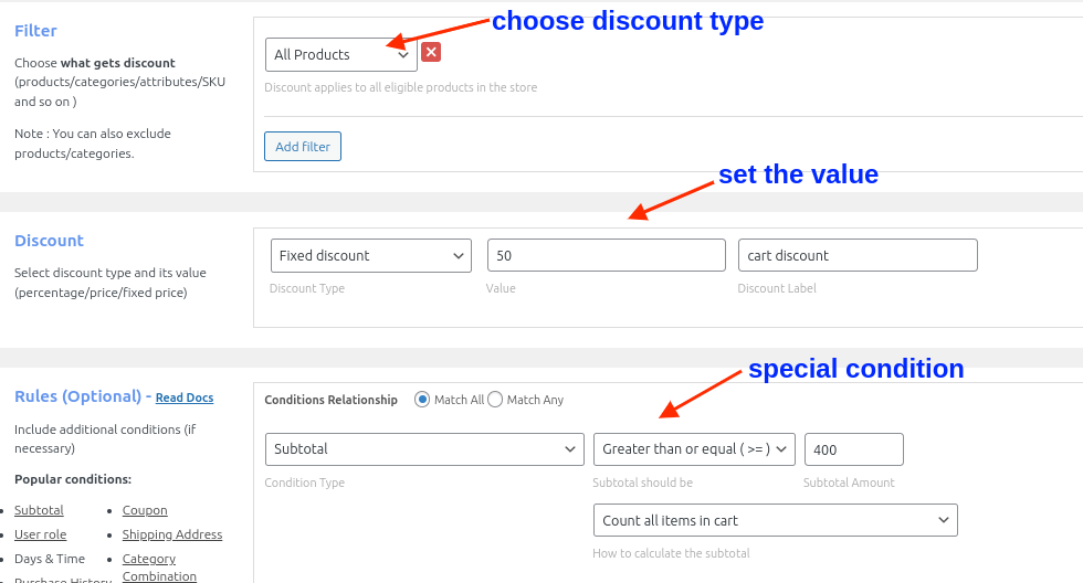 Subtotal based conditional discount