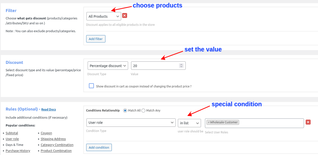 Providing conditional discounts only to specific user roles