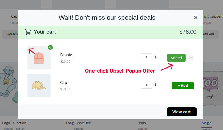 Adding one-click upsell item from popup offer