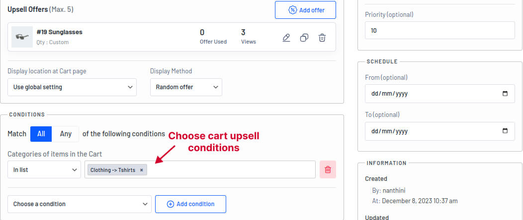 Applying Conditions for Upsell Products