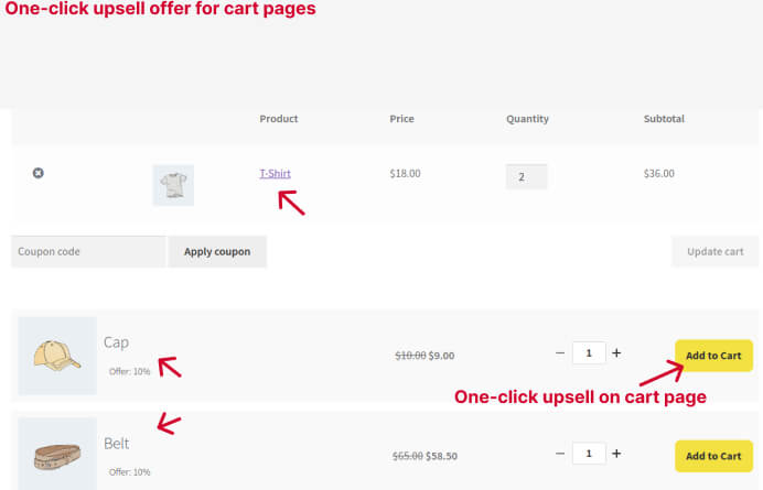 Showing one-click upsell offer on a cart page