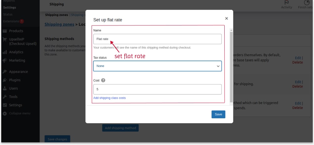 Creating flat rate shipping in the settings