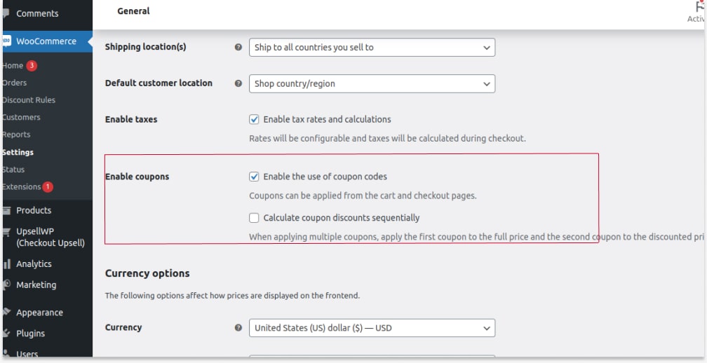 Enabling Default Coupons In the Settings