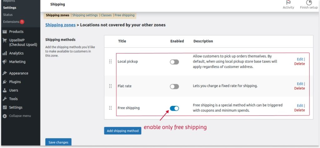 Hiding other shipping methods and enabling free shipping in settings