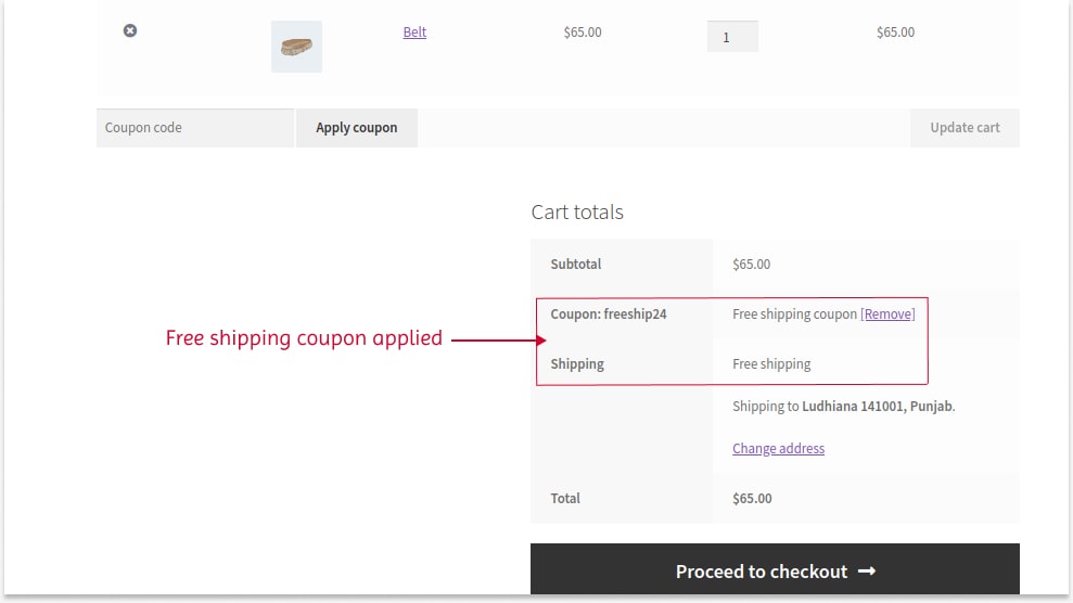 Scenario 2: Applying free shipping to the cart using the default coupon feature