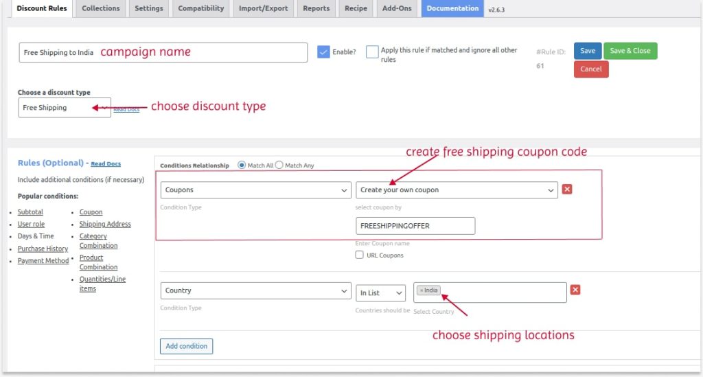 Scenario 2: Creating a free shipping coupon using the plugin.