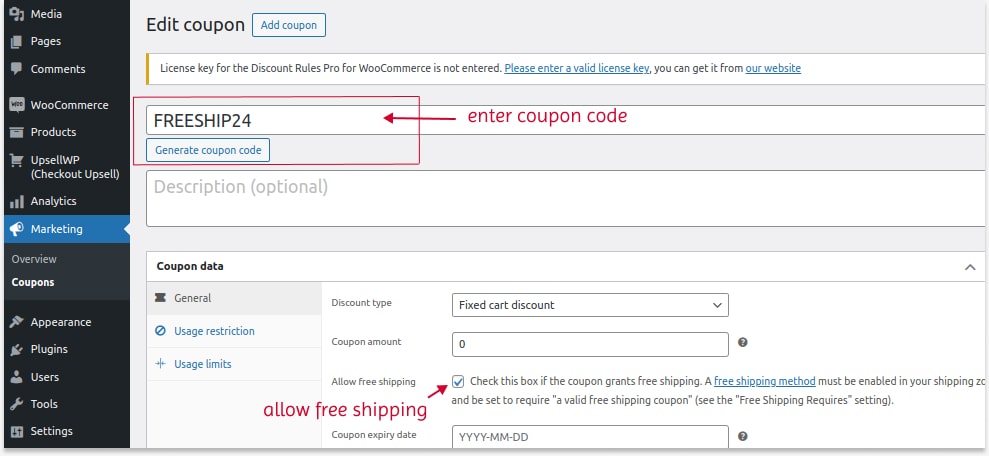Scenario 2: Creating a zero shipping coupon code using the default feature