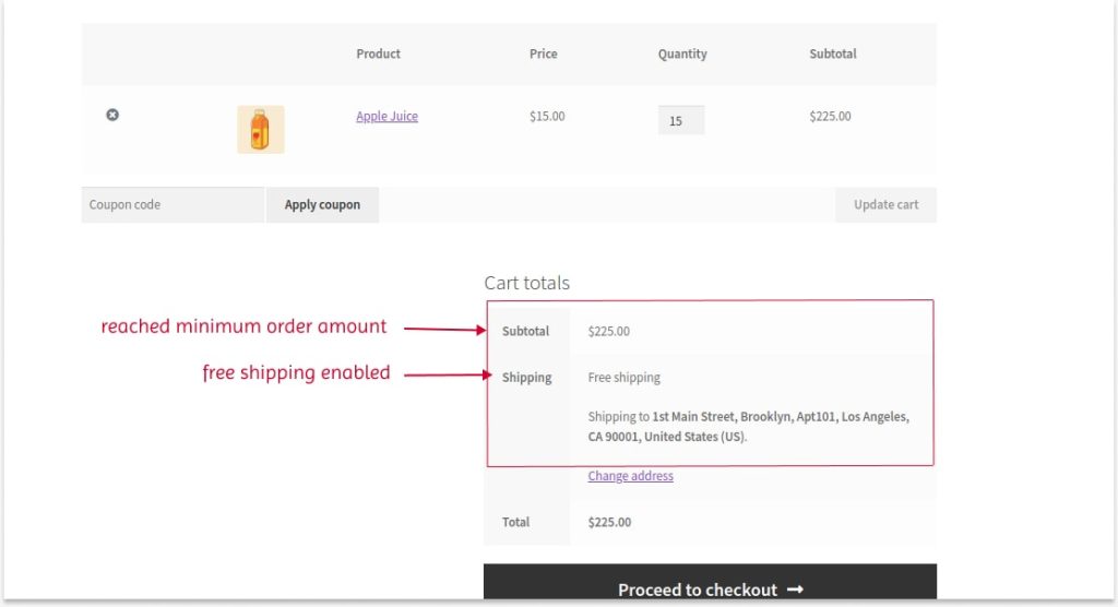 Scenario 3: Applying free shipping based on cart total using the default settings