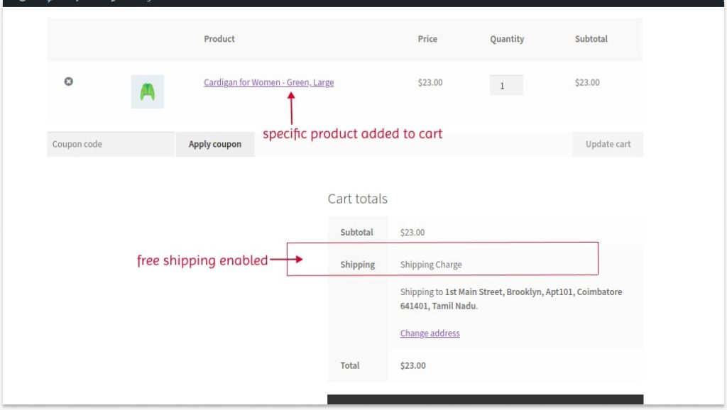 Scenario 4: No-cost shipping enabled for specific products using the default feature