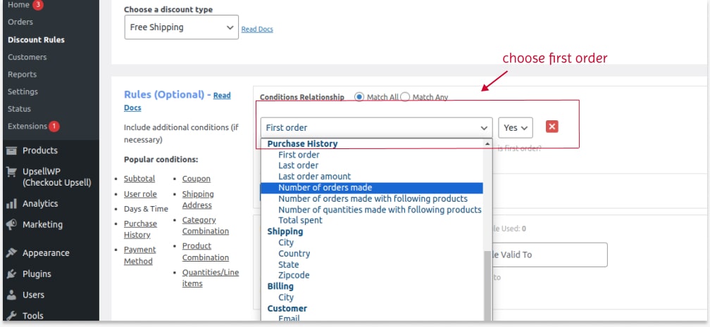 Scenario 6: Creating free shipping based on purchase history using the plugin