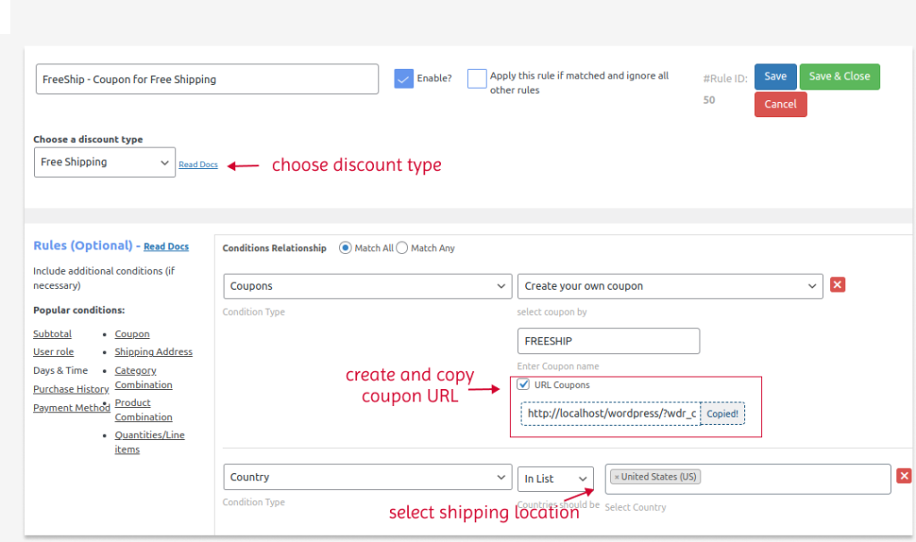 Creating a free shipping coupon for a specific location