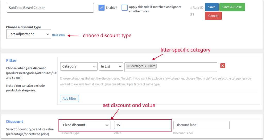 Creating subtotal based coupon in WooCommerce