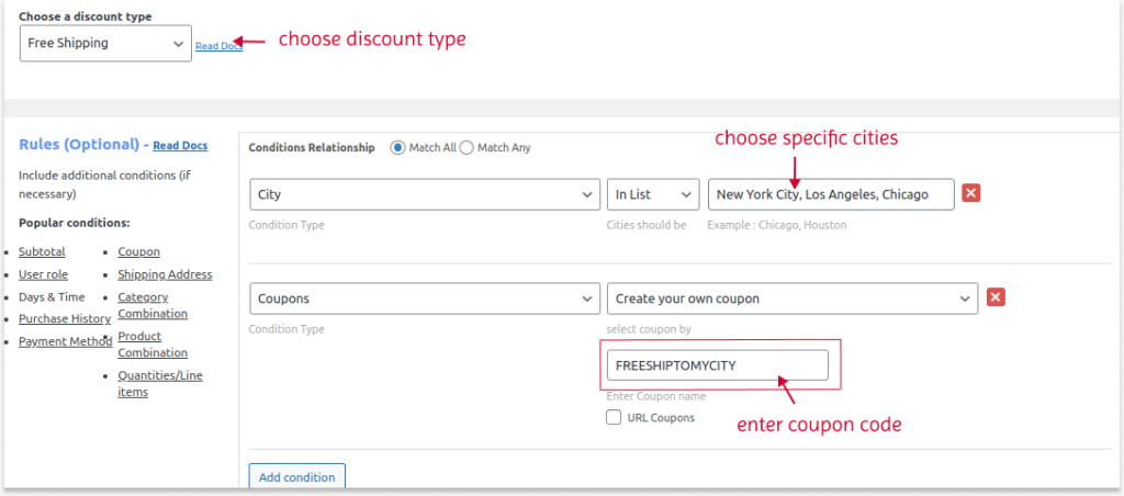 Createing coupon code for free shipping
