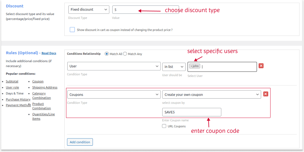 Creating a coupon in WooCommerce for specific users