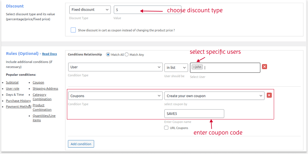 Creating a coupon for specific users