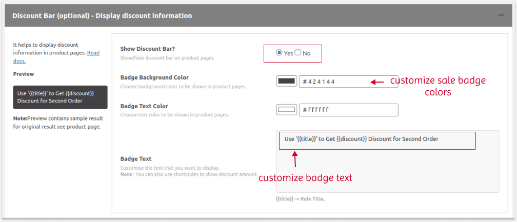 Customizing discount bar to display sale badge on product pages