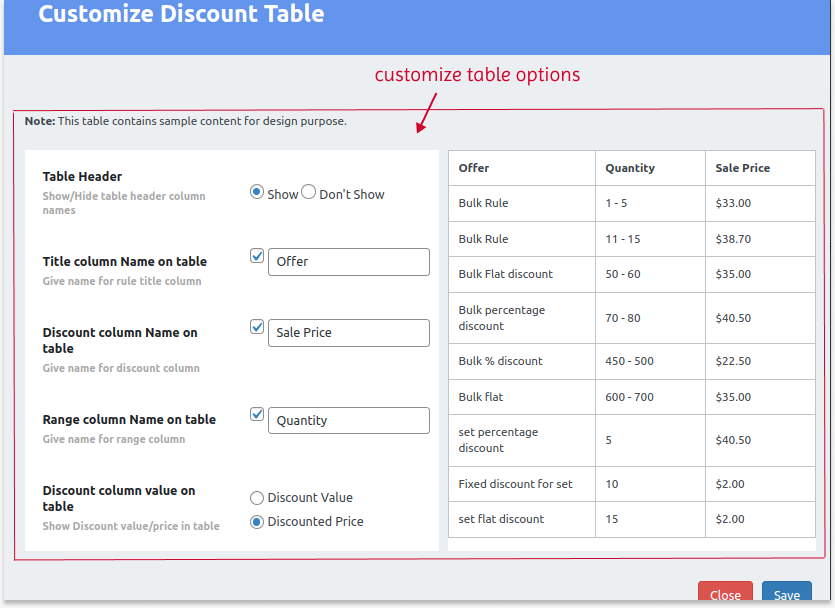 Customizing tier pricing table for product pages