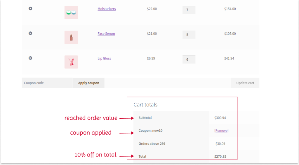 Live result of the first-order WooCommerce discount