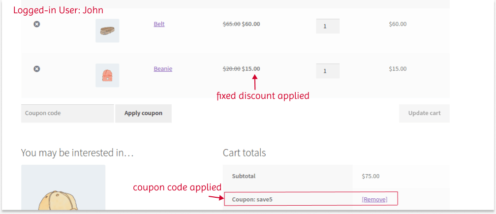 Result of applying a coupon for a specific user