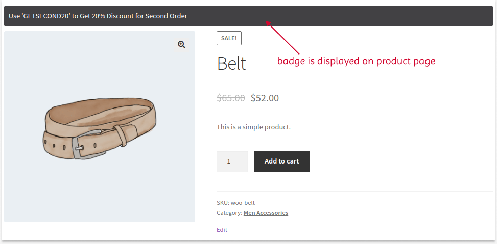 Result of displaying discount bar badge on a product page