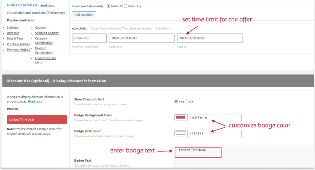 Setting time for the limited-time deal 
