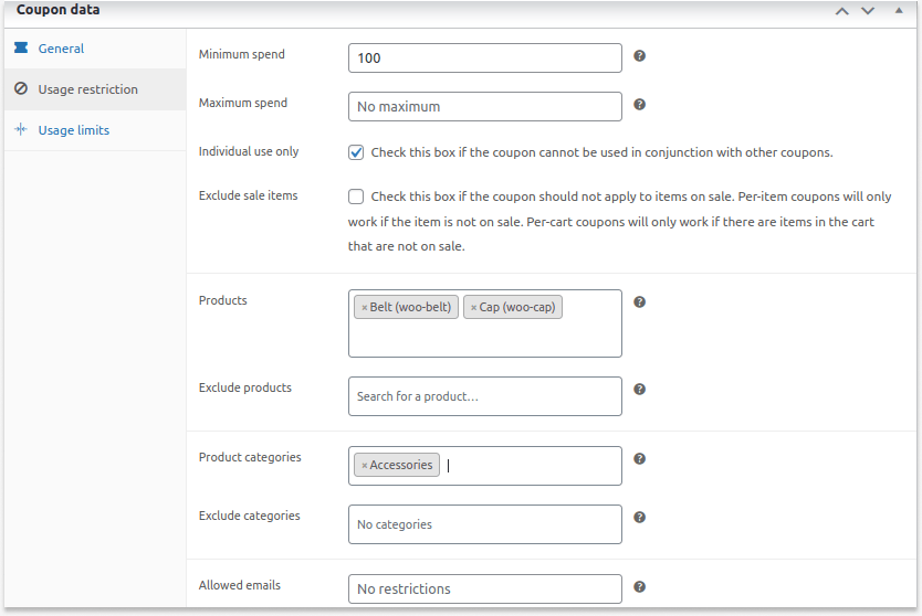 Usage Restrictions for Default  Coupons in WooCommerce