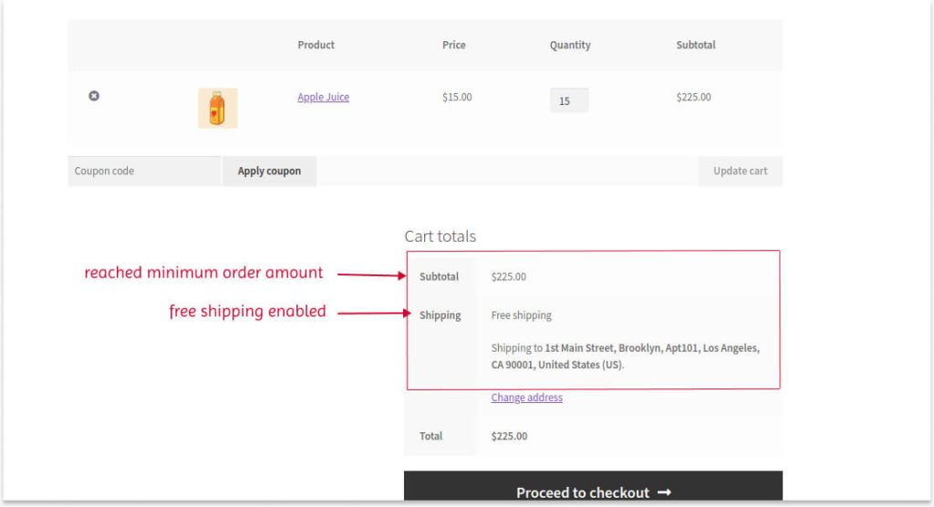 Applying free shipping based on cart total using the default settings
