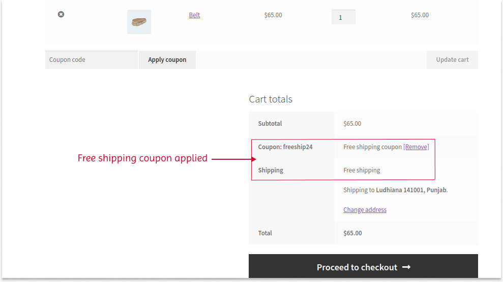 Applying free shipping to the cart using the default coupon feature