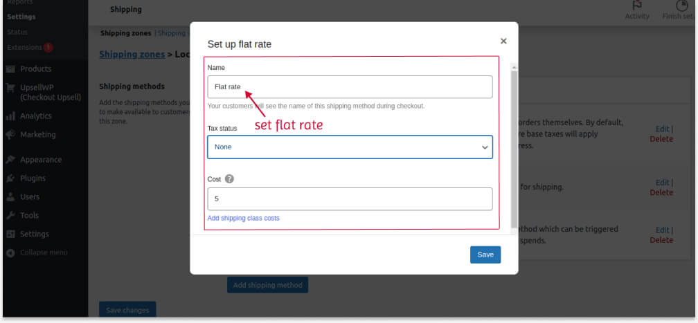 Creating flat rate shipping in the settings
