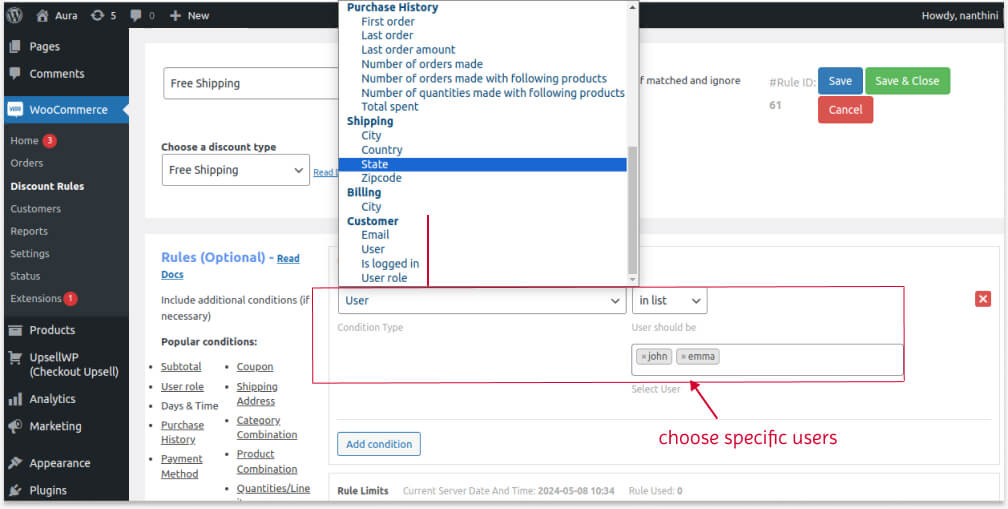 Creating free shipping based on specific customers using the plugin
