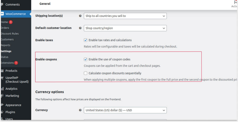 Enabling Default Coupons In the Settings
