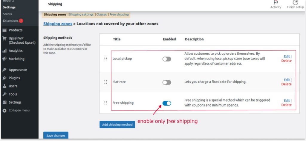 Hiding other shipping methods and enabling free shipping in settings
