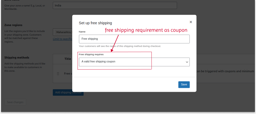 Setting free shipping coupon option using default feature