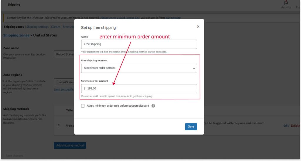 Setting minimum order amount using the default settings.