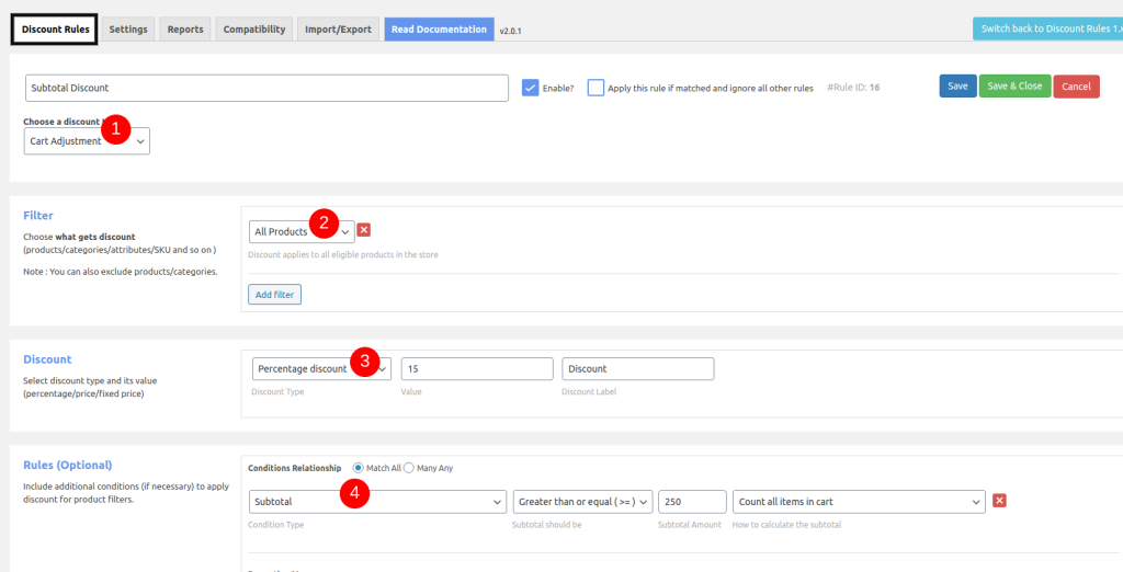 Cart rule subtotal based discount