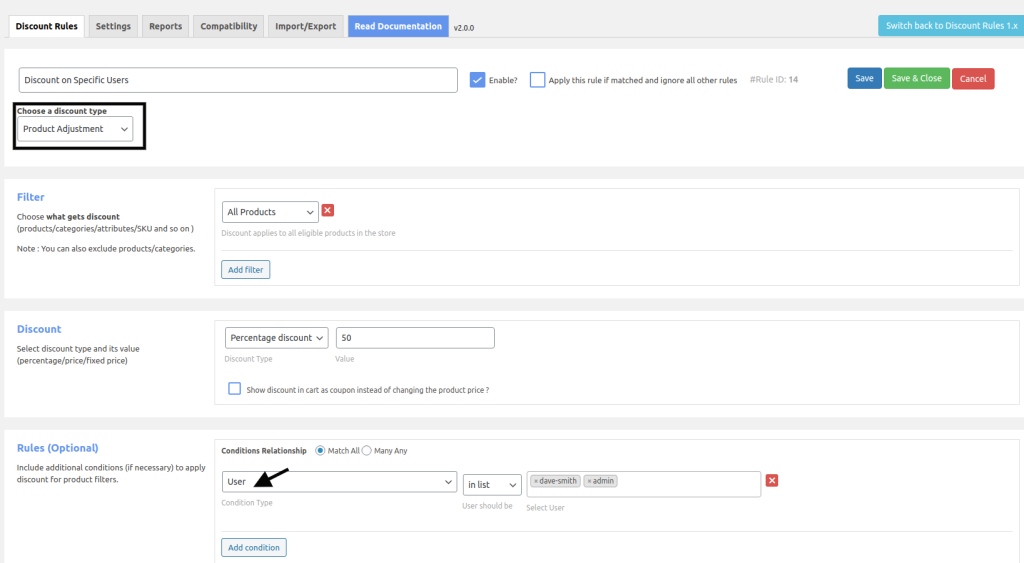 price rule disocunt for specific users