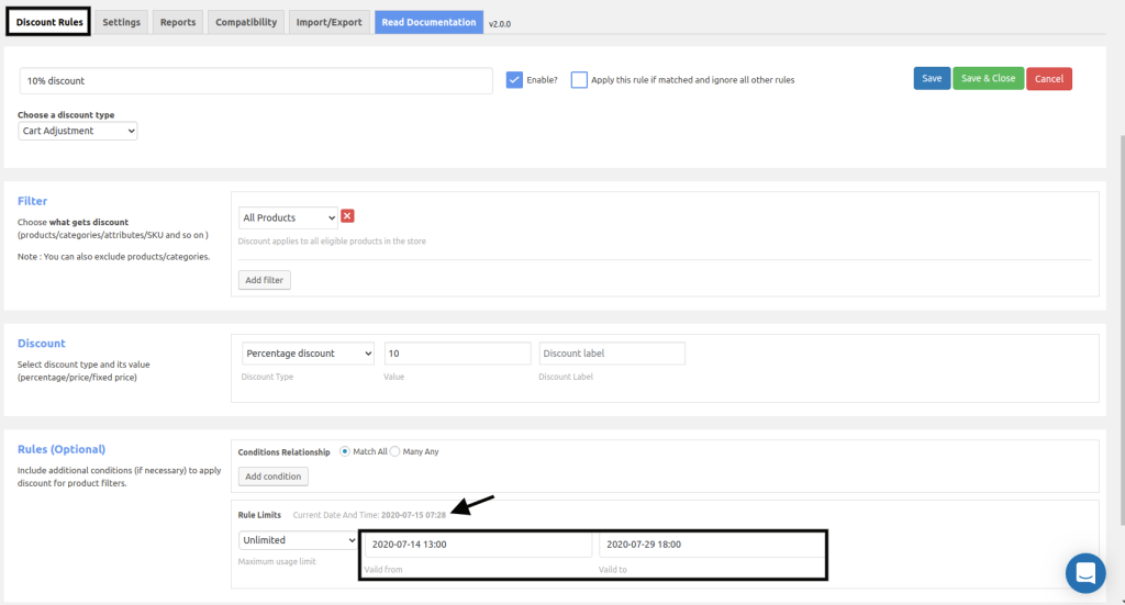 Setting up validity for discount
