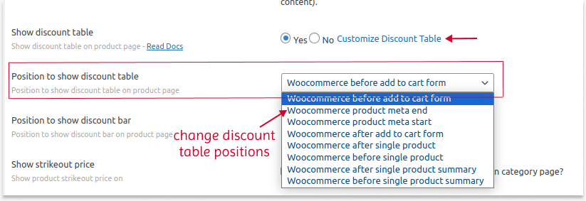 Display Positions for pricing table