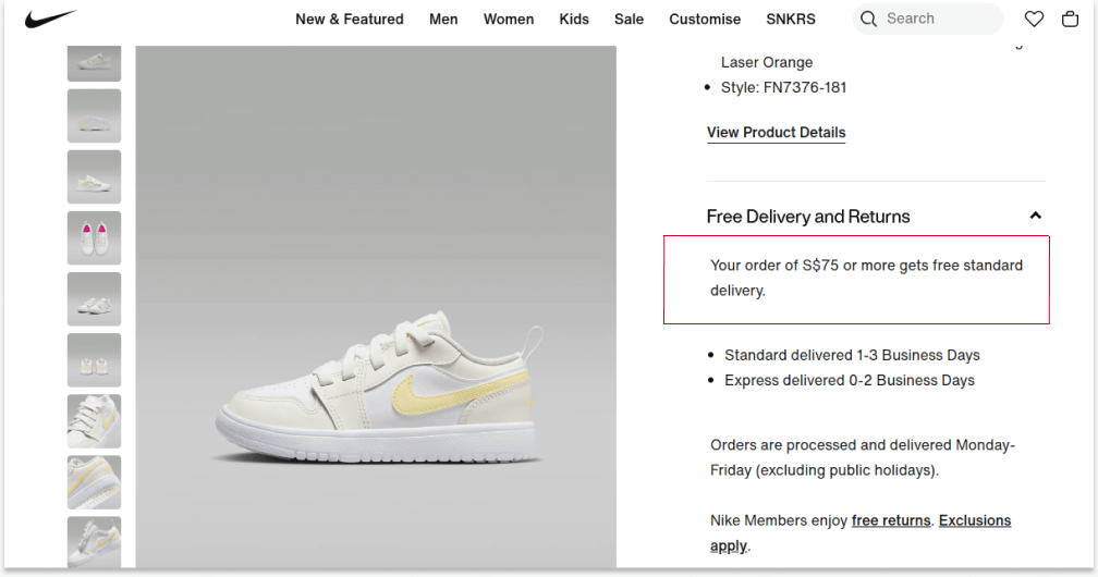 Nike offers free delivery for orders worth 75 USD