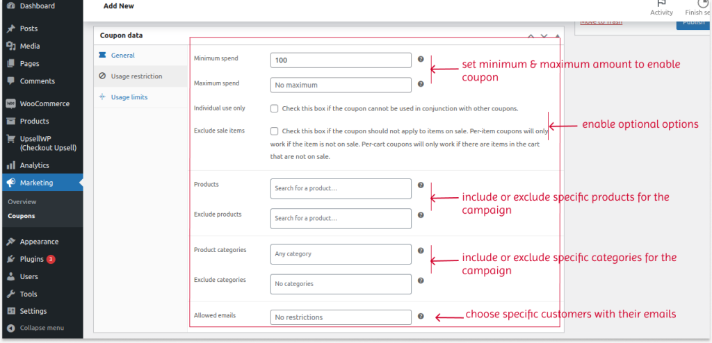 Setting usage restrictions section in default Woo coupons
