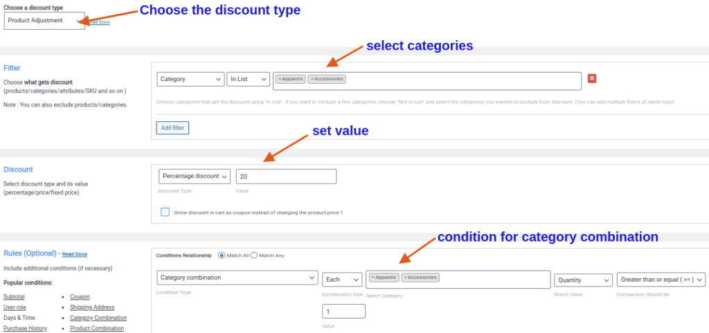 Creating category deals based on combinational categories