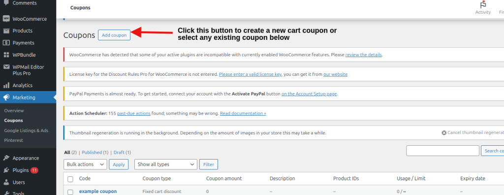 Click “Add Coupon” to create new carts coupons