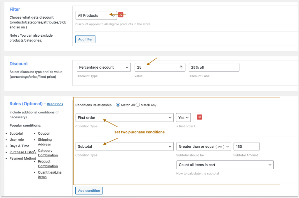 Creating a first-order percentage discount based on the order total