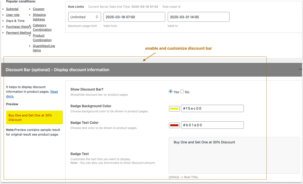 Customizing discount bar