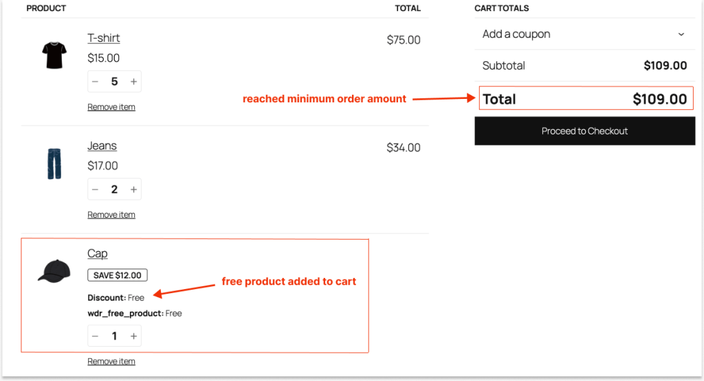 Free gift added to cart based on subtotal